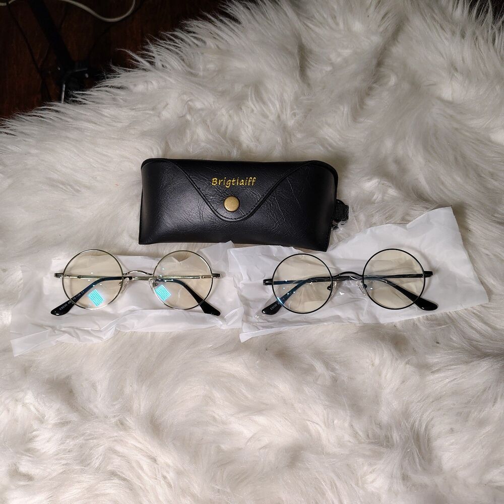 Round Silver & Dark Gray 2 Pairs of Blue Light Blocking Lenses New W Case